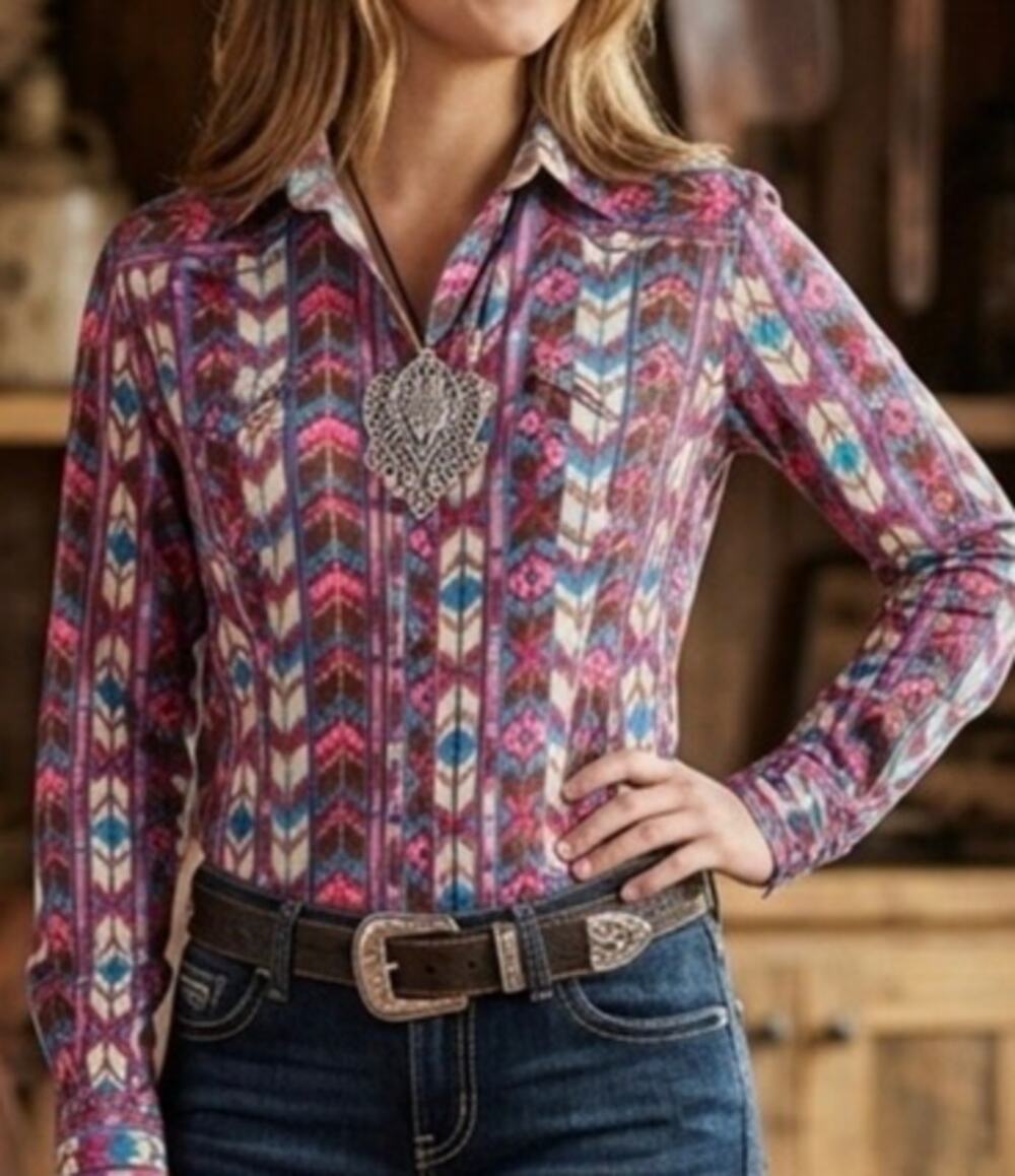 Roper Tin Haul Vibrant Aztec Print Western/Cowgirl Style Fitted Blouse